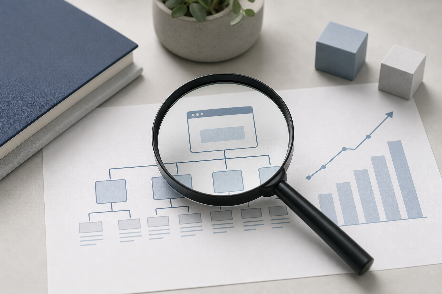 SEO・MEO対策を表す虫眼鏡と資料
